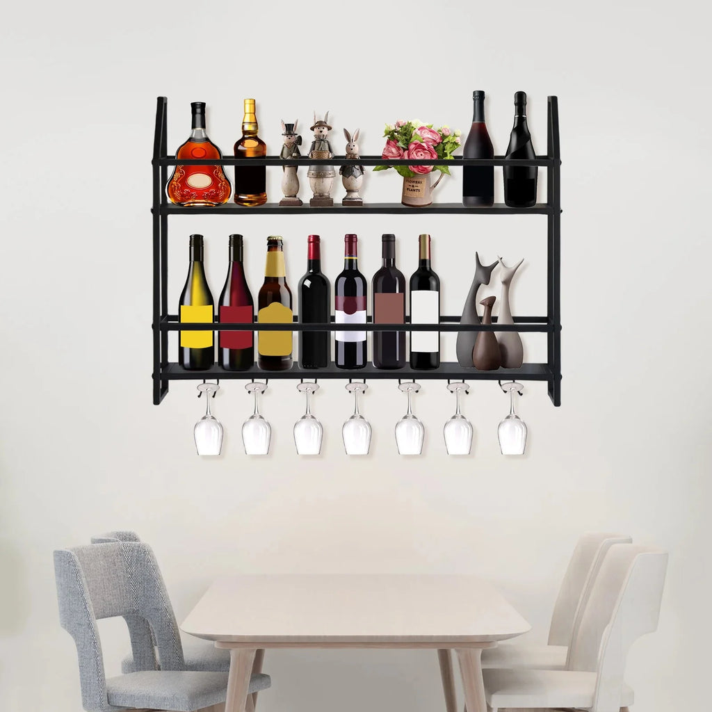 Wall Mounted Iron Wine Rack Bottle Champagne Glass Holder Shelves Bar Home Party Light and Strong Durable Unique Design Decor