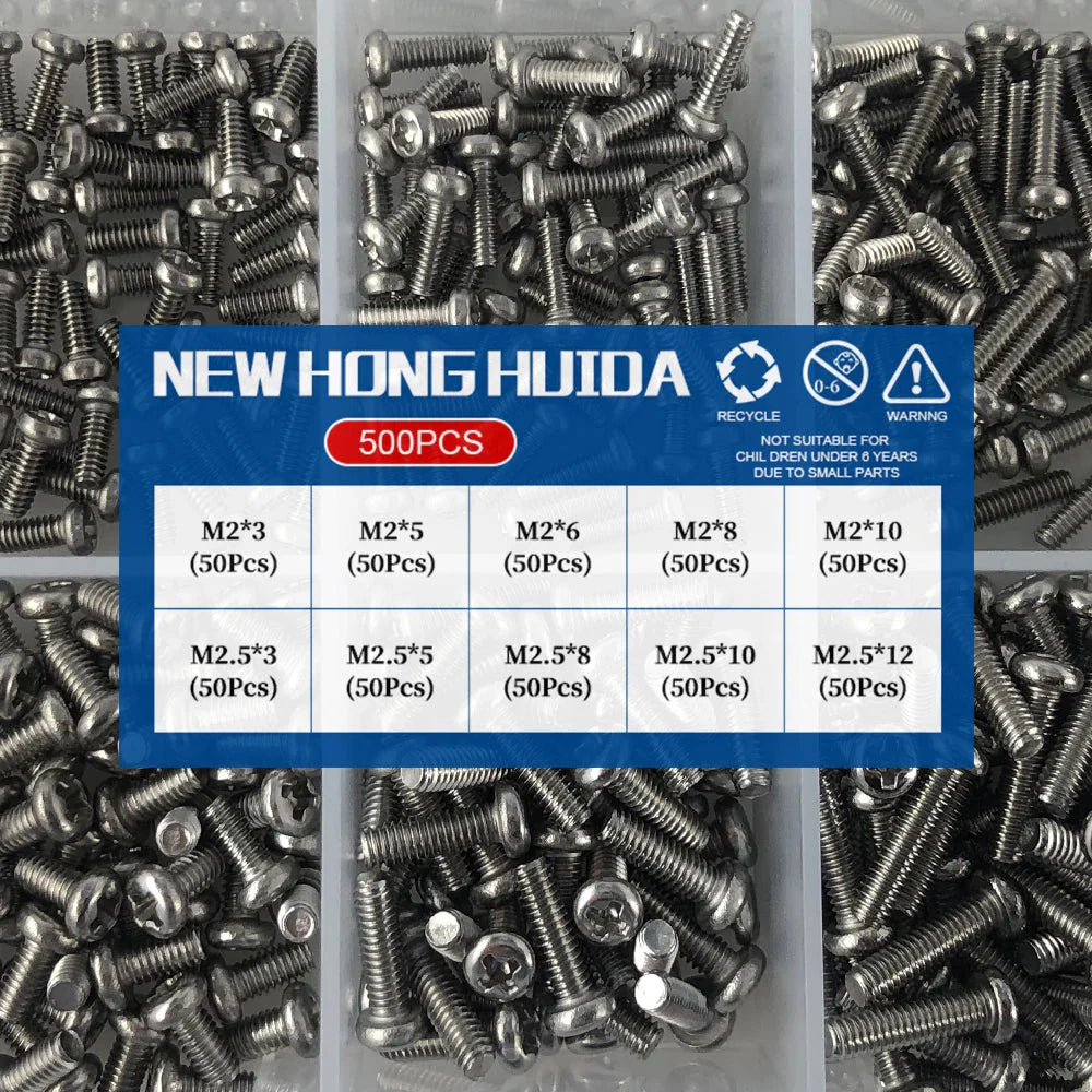 M1 M1.2 M1.4 M1.6 M2.5 M3 304 Stainless Steel Round Head Cross Small Screw Set Metric Thread Machine Bolt Assortment Kit Set