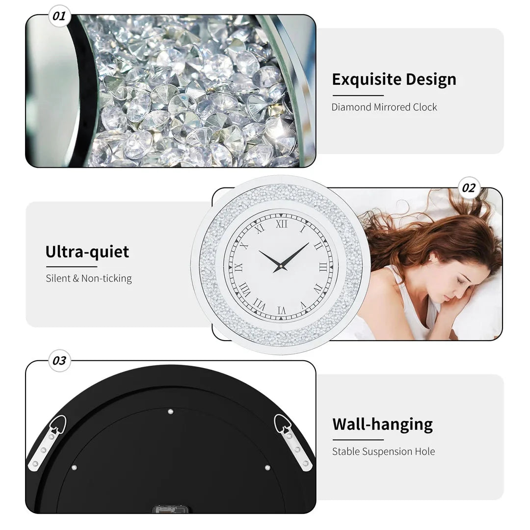 LUVODI 32inch Modern 3D Wall Clock Large Diamond Crystal Living Room Kitchen Bedroom Hall Clock with Roman Numerals