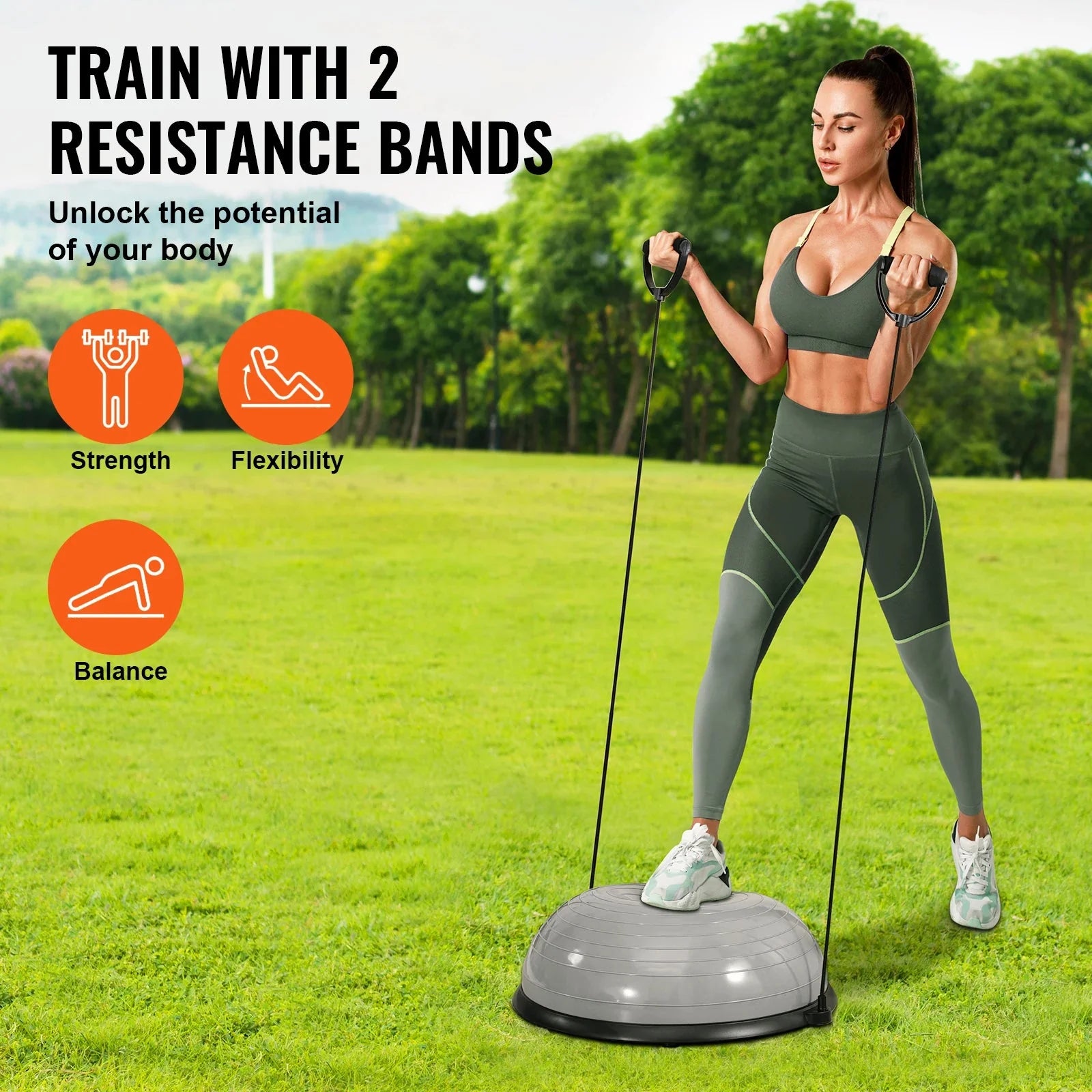 SucceBuy 23/26 inch Half Exercise Ball Trainer Balance Ball Trainer 660lbs Capacity Stability Ball Yoga Ball w/ Resistance Bands