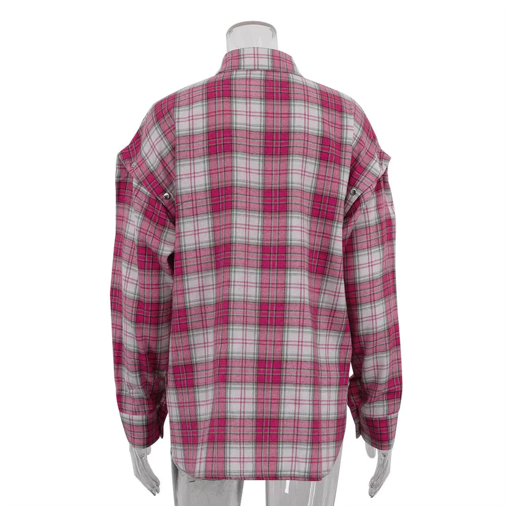Pink Plaid Shirt for Women in Europe and America New Versatile Loose Shirt for Women Removable Long-sleeved Lapel Top