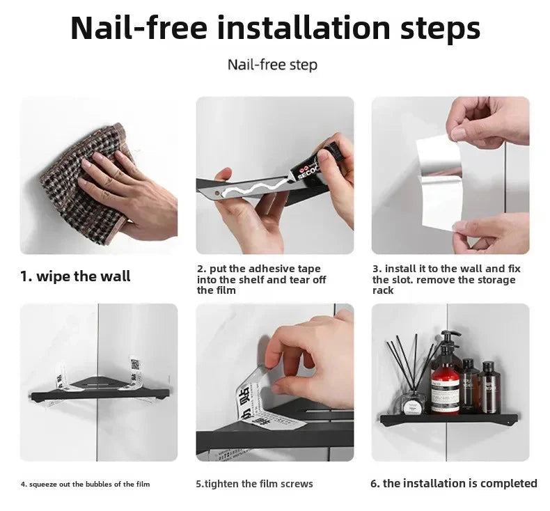 Bathroom Triangle Drain Shelf No Drilling Wall Mounted Cosmetic and Toiletries Hollow Carbon Steel Shelf with Hooks