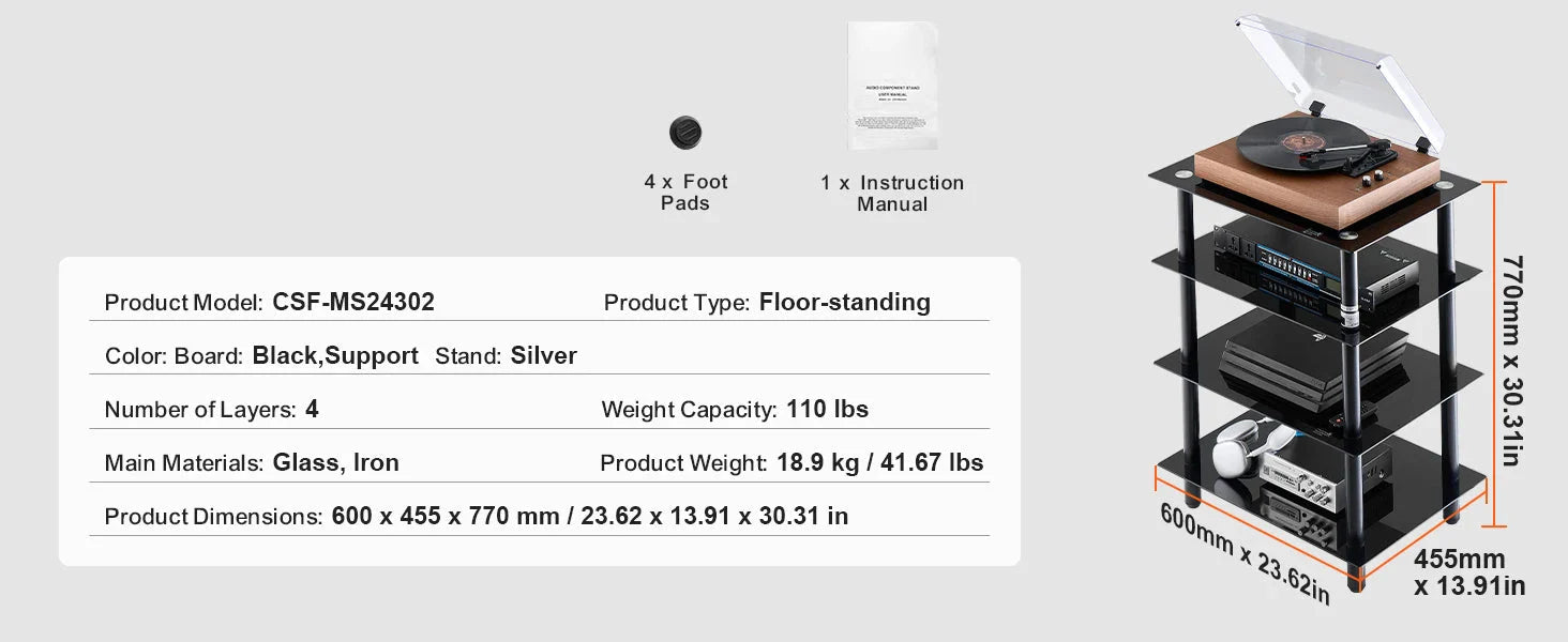 SucceBuy 4-Tier AV Media Stand Audio/Video Stand with Strengthen Tempered Glass Shevles for DVD Adjustable Media Storage Cabinet