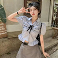 Bow-rinked Striped Shirt for Women Summer French Sweet and Spicy Puff Sleeve Shirt Short Short Sleeve Top