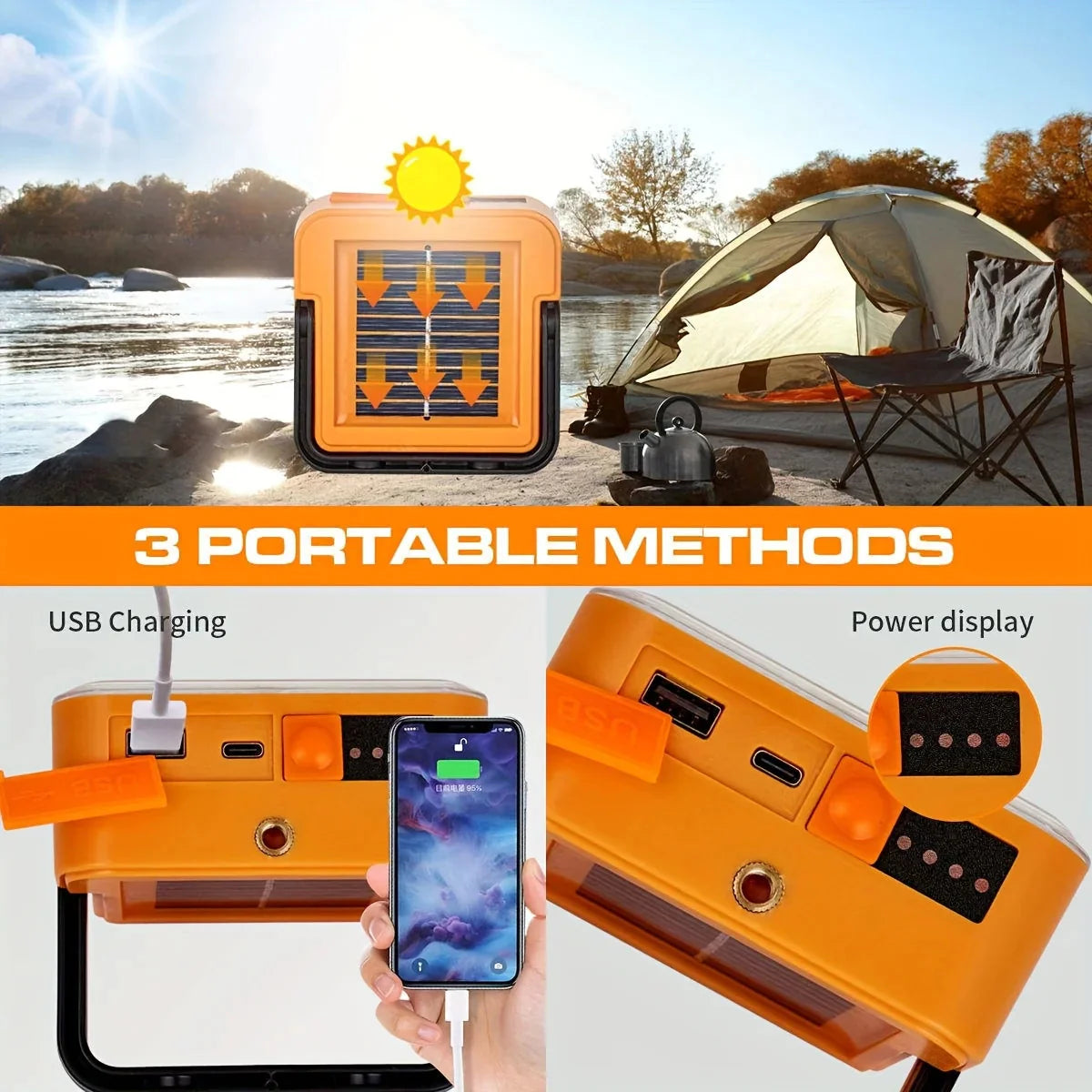 Solar rechargeable multifunctional led work light, portable outdoor floodlight-1200mah lithium battery, suitable for camping.