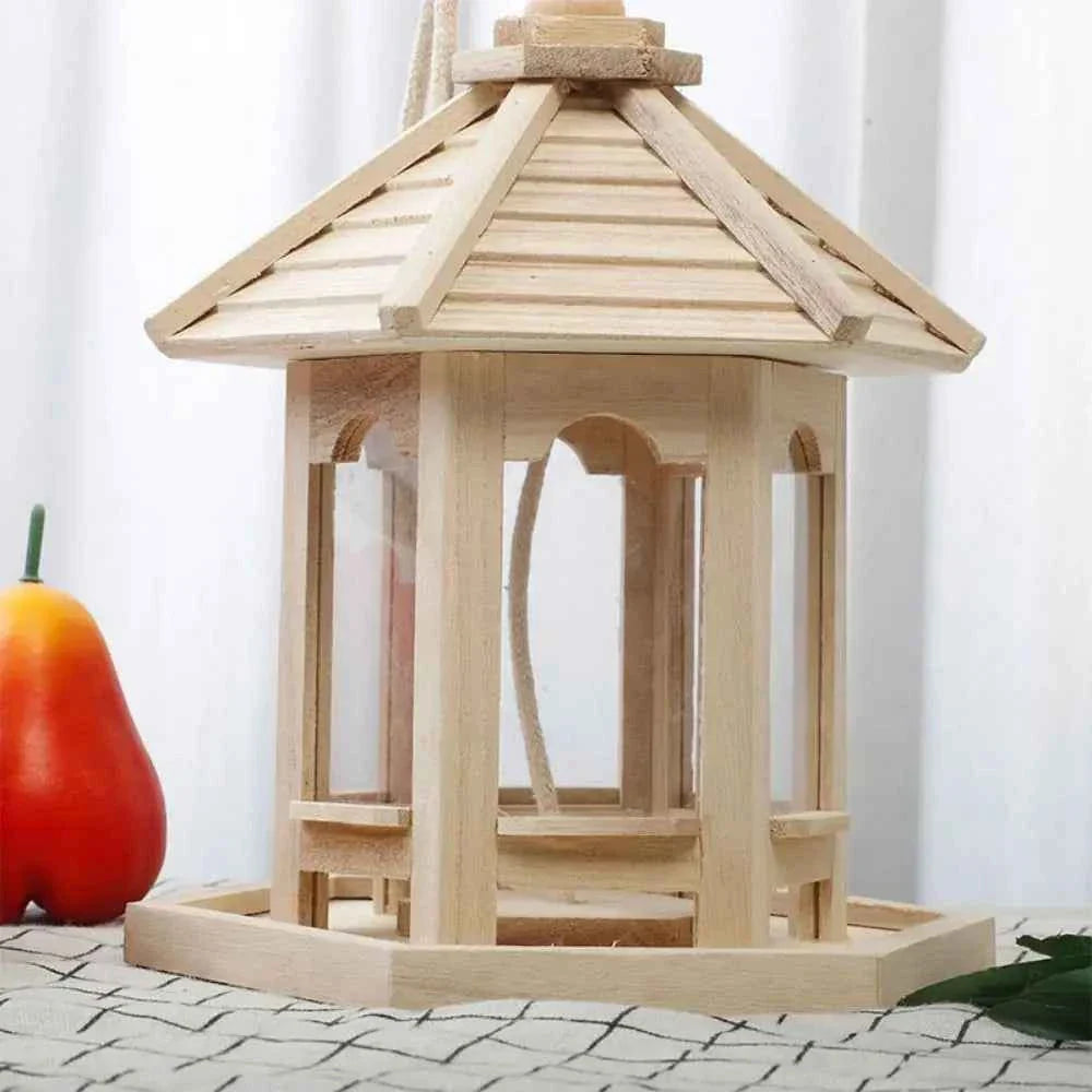Creative House Shape Bird Feeder House Hanging Wooden Pet Feeder Box Bird Food Dispenser Outdoor