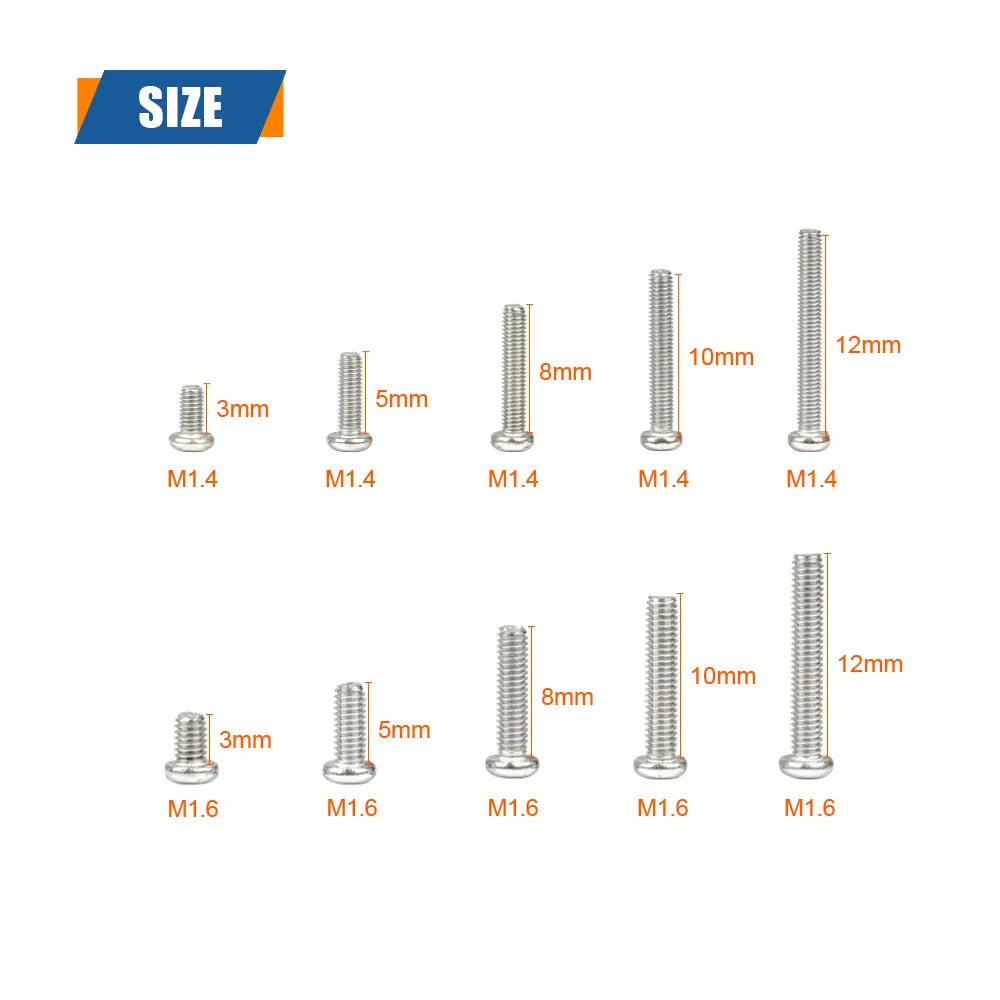 M1 M1.2 M1.4 M1.6 M2.5 M3 304 Stainless Steel Round Head Cross Small Screw Set Metric Thread Machine Bolt Assortment Kit Set
