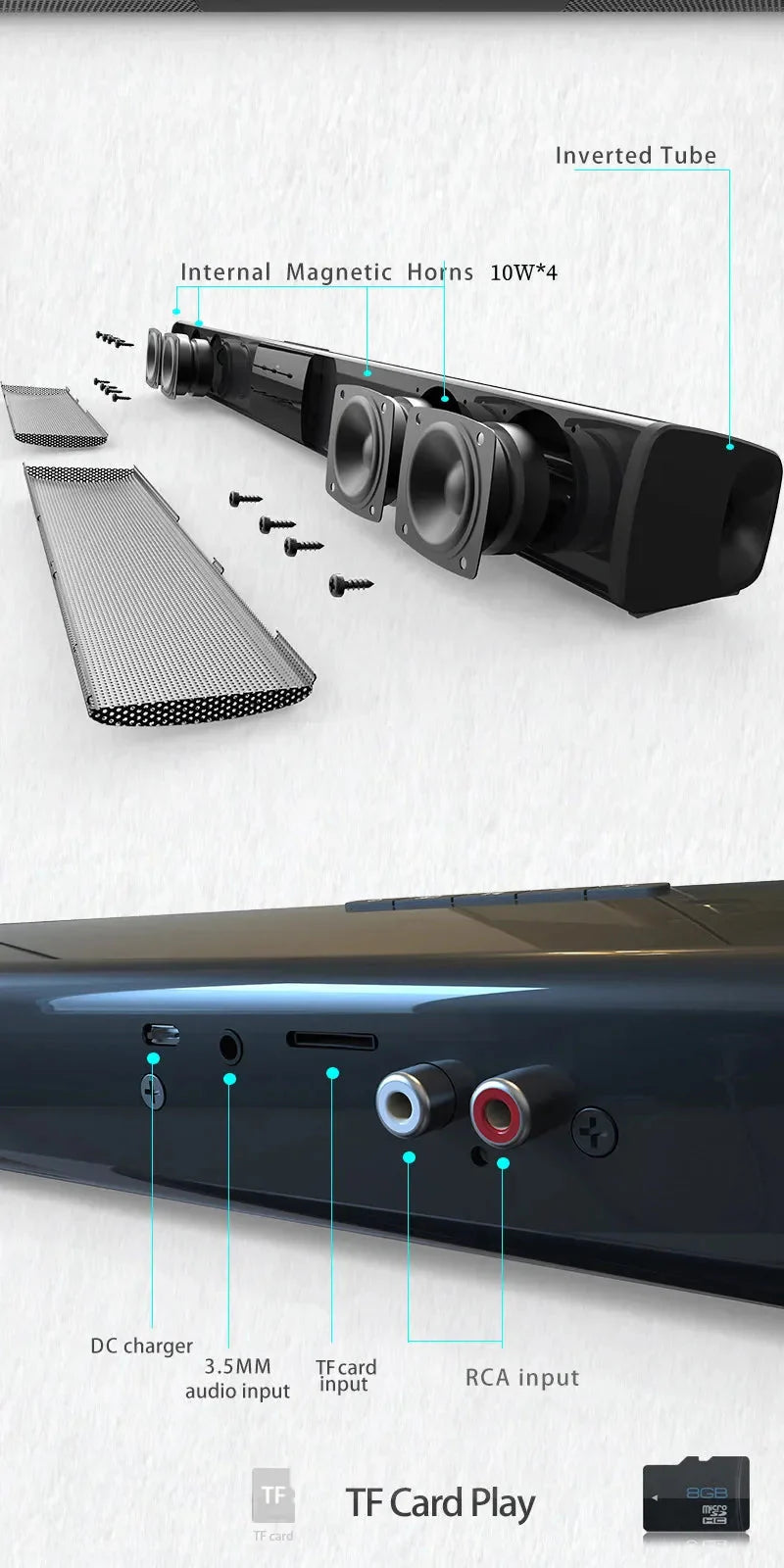 40W Soundbar TV Portable Bluetooth-compatible Speaker Sound bar Wireless Column Home Theater Sound System RCA AUX For TV PC