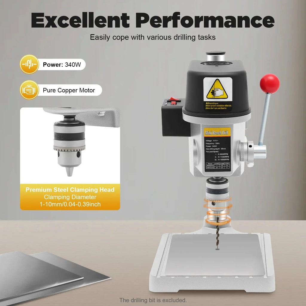 340W Portable Benchtop Drill Press, High-precision 3 Speed Adjustable Mini Portable Electric Bench Drill Stand for Iron Wood