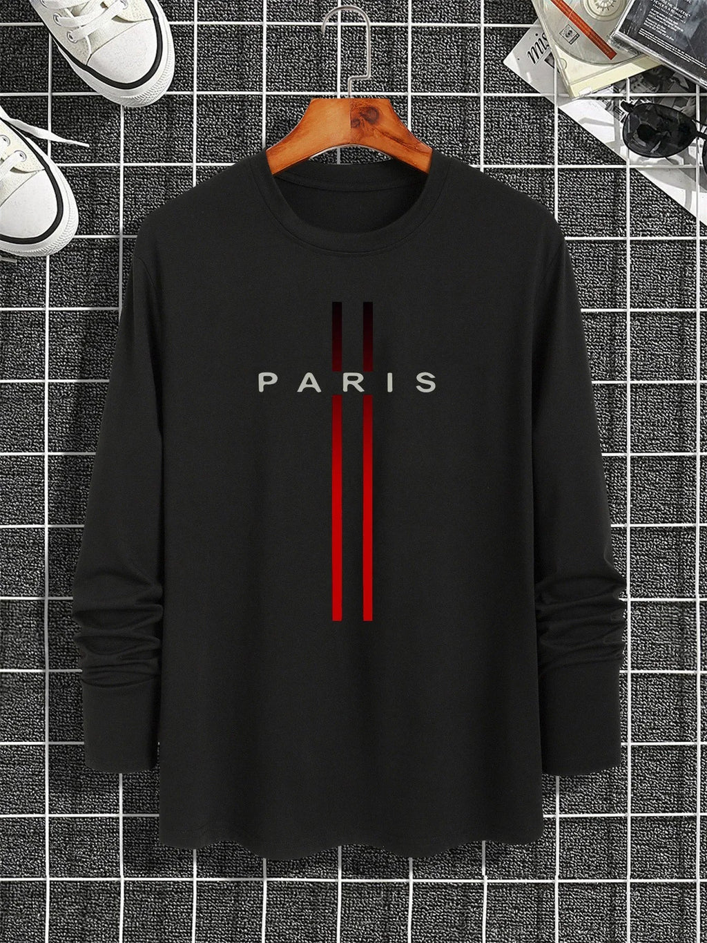 Men's Spring and Autumn 100% Cotton Loose and Comfortable Casual Paris Pattern Printed Round Neck Long Sleeve T-shirt