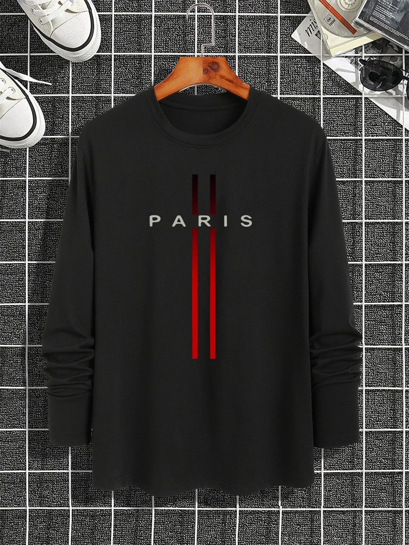 Men's Spring and Autumn 100% Cotton Loose and Comfortable Casual Paris Pattern Printed Round Neck Long Sleeve T-shirt