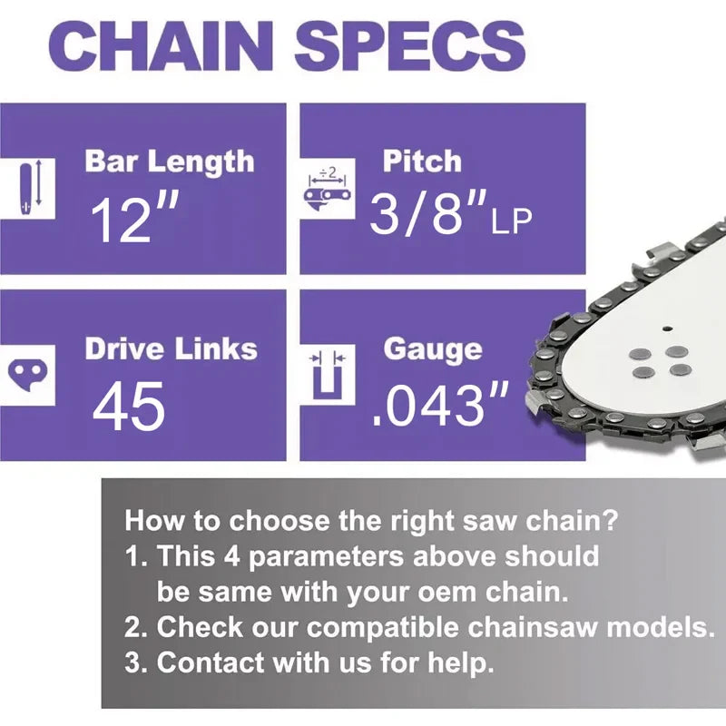 12 Inch Chainsaw Chain 3/8" LP Pitch .043'' Gauge 45 Drive Links Fits For DeWalt DCCS620P1 Ryobi, Craftsman, Makita and More