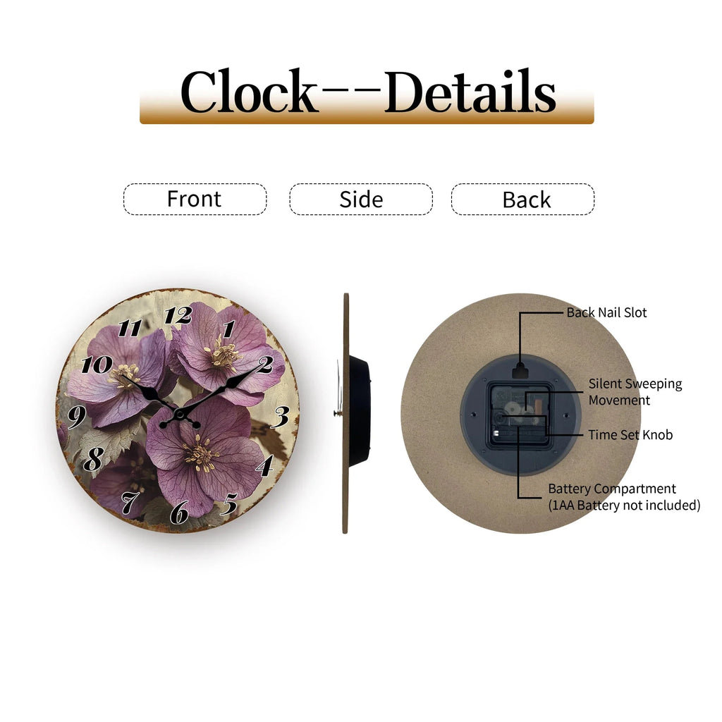 Purple Flower Blossom Floral Art Design Rustic Charm Decorative Clock 10"-16"