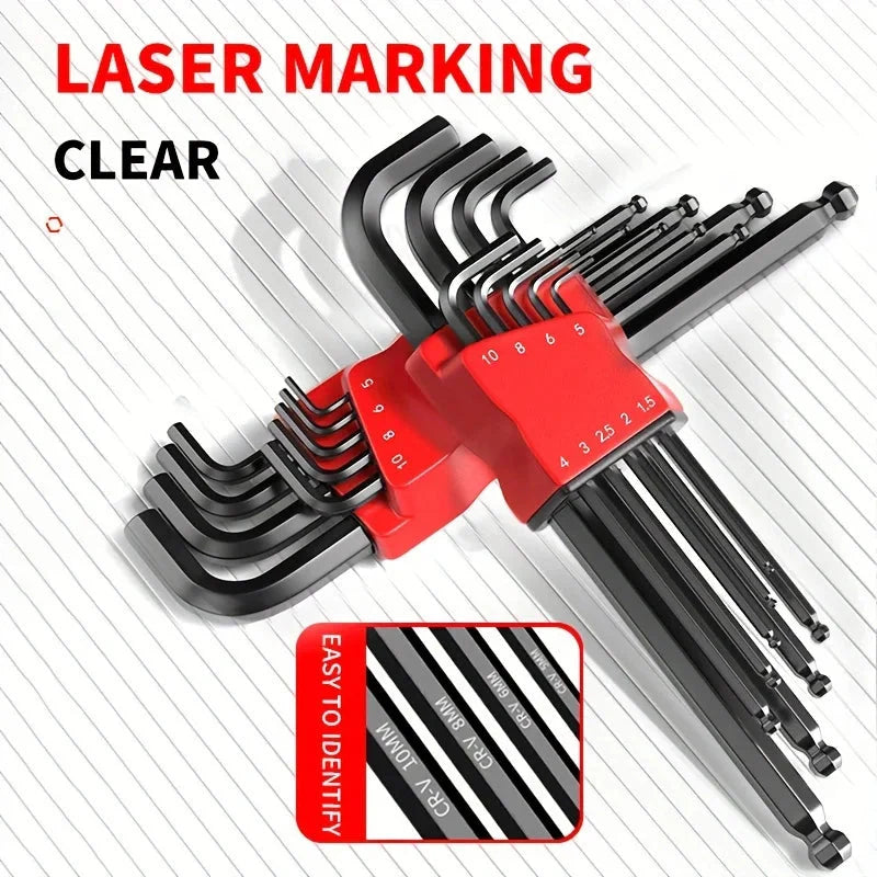 Professional 10-Piece Hex Key Set - Metric & SAE - CR-V Steel Allen Wrenches with Ball End