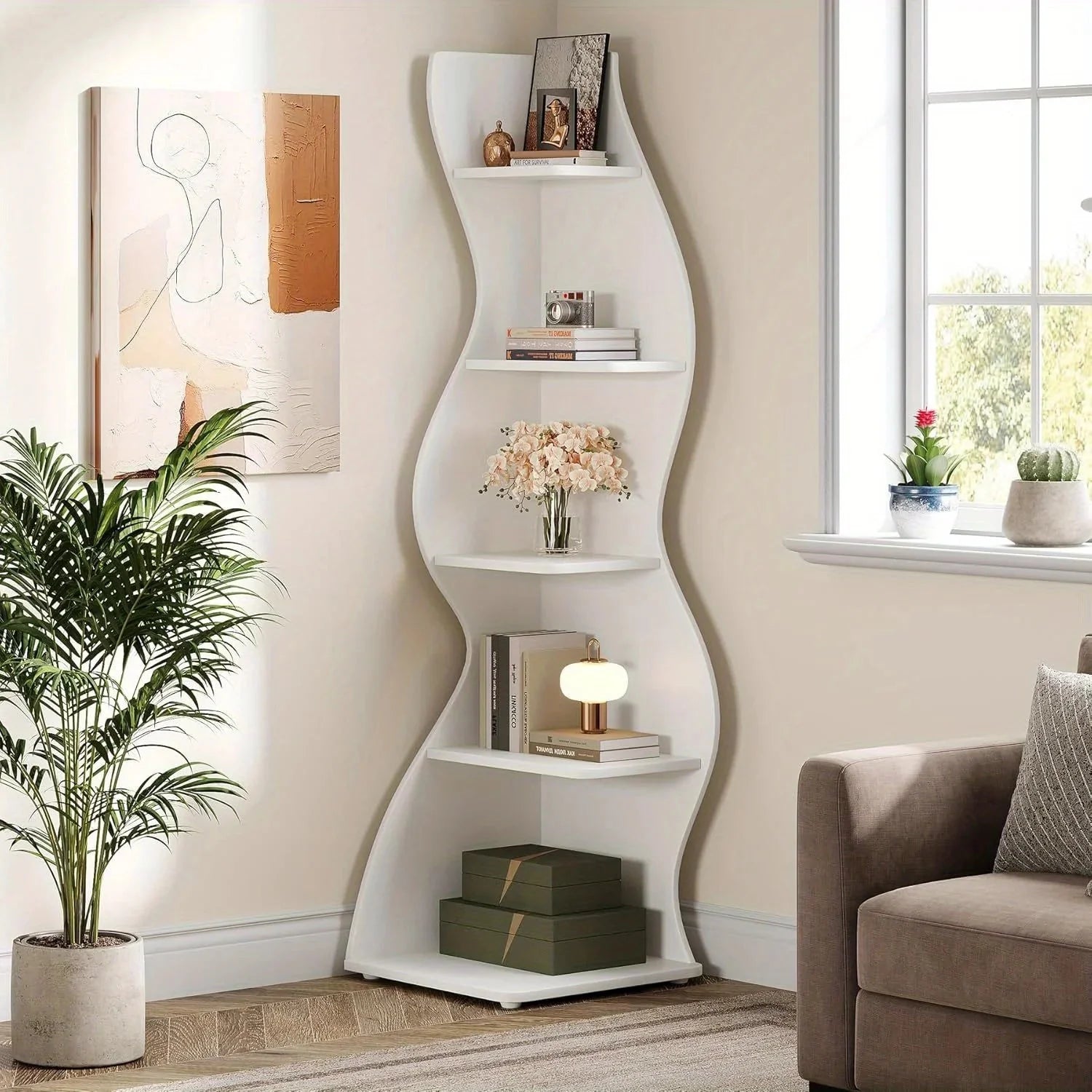 5-Tier Wave Bookshelf  Modern curved corner shelf with metal frame and wooden shelves, white finish, sturdy floor design bedroom