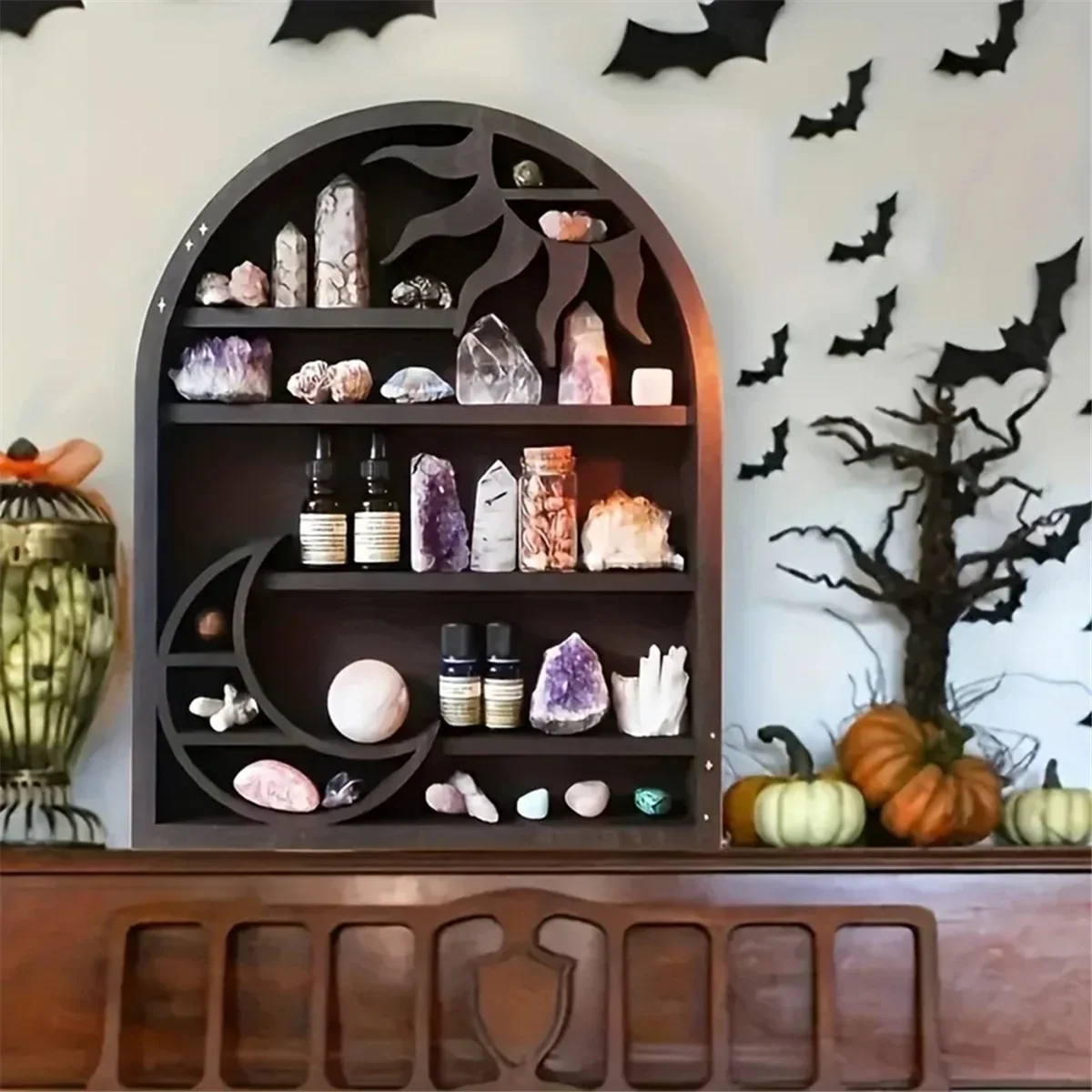 Wood Storage Shelf - Stylish and Practical Wall Shelf, Crescent Sun and Moon Crystal Shelf