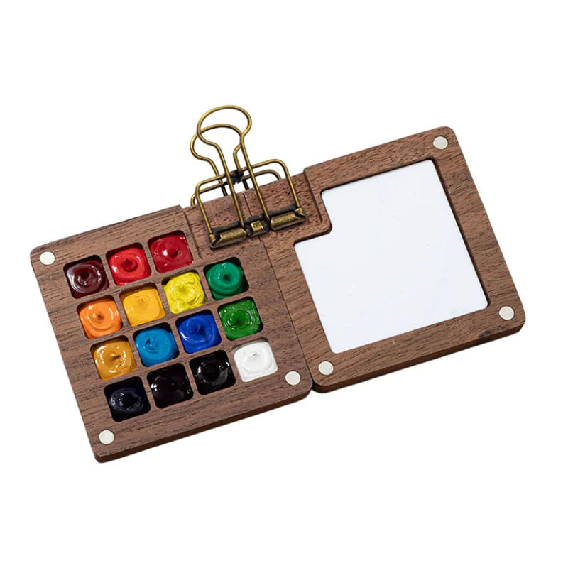 1pc Art Supplies Sketchbook Palette Mini Walnut Wood Watercolor Palette Portable Paint Box With Clip Travel Painting Paint Tray