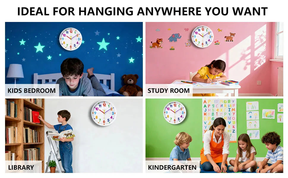 Early Education Wall Clock Colorful Number Kids Learning Time for School Classroom Bedrooms Silent Analog Clock 8/10/12 Inch