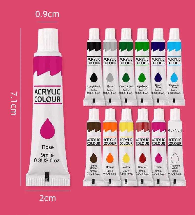 12 Color Acrylic Paint Set 9ml Tubes Waterproof Art Supplies for Beginner Artists DIY Painting on Canvas Wall Art Craft Projects