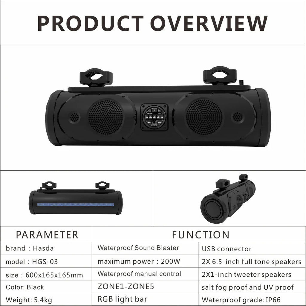 Soundbar With LED Lights For ATV UTV Golfcarts Powersports Boat Audio Marine