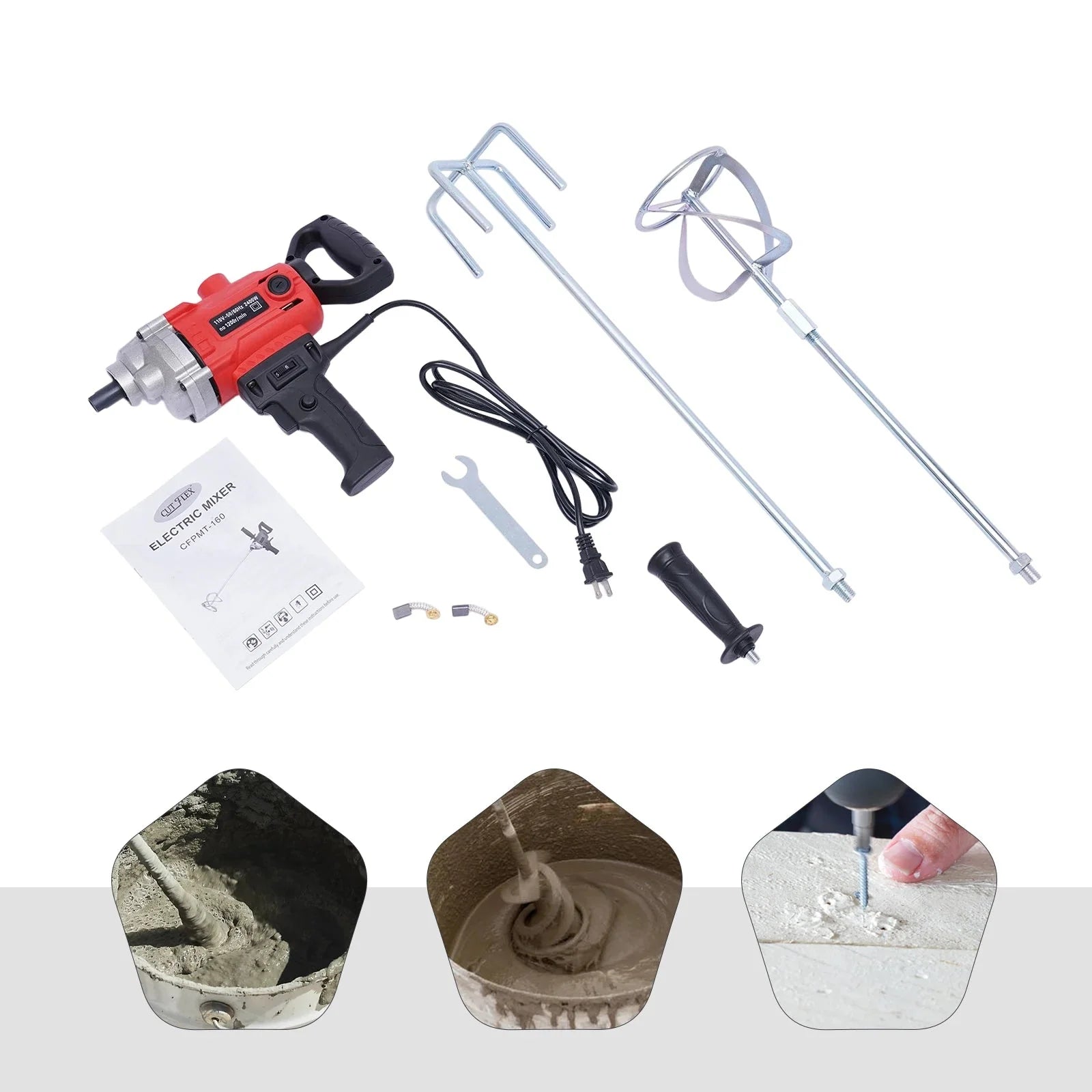 Drill Mixer Set with Spade Handle Electric Corded Mixing Drill Machine 2400W Motor Concrete Mud Mixer
