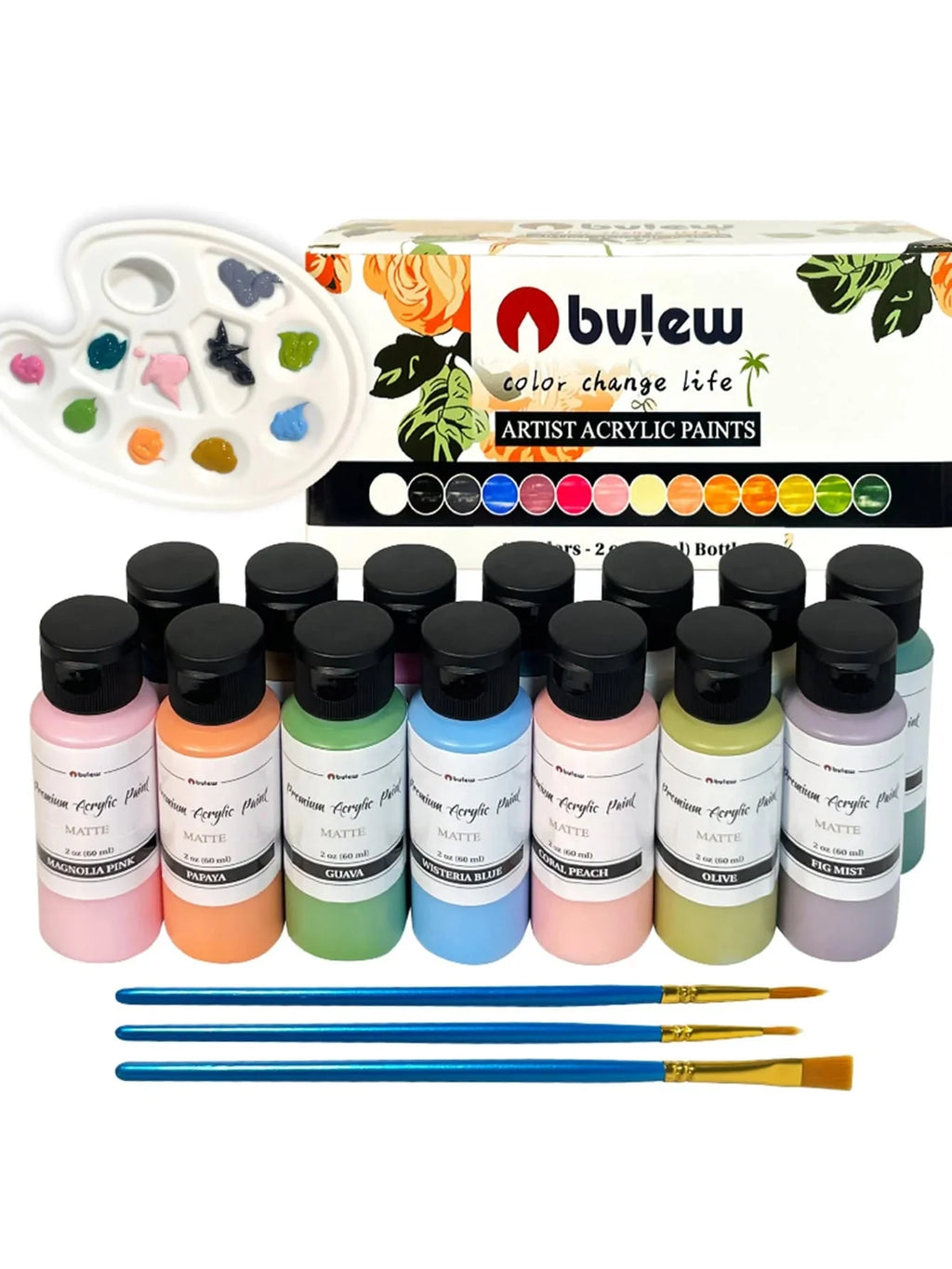 Bview Art 14-Color 2oz (60ml) Professional Acrylic Paint Set - Artist Grade Supplies for Canvas, Fabric, Wood Art Projects