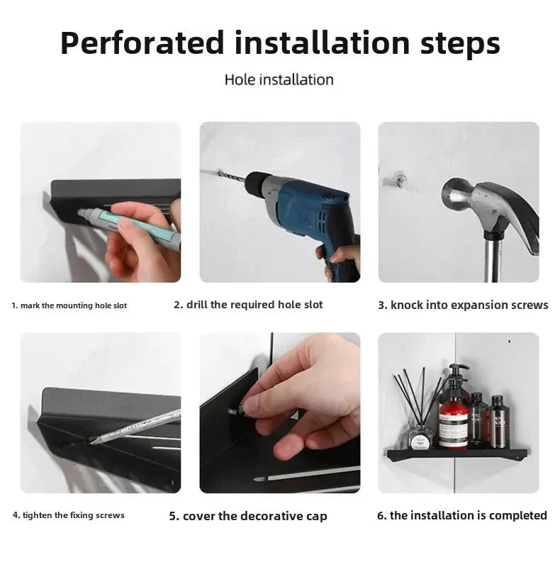 Bathroom Triangle Drain Shelf No Drilling Wall Mounted Cosmetic and Toiletries Hollow Carbon Steel Shelf with Hooks