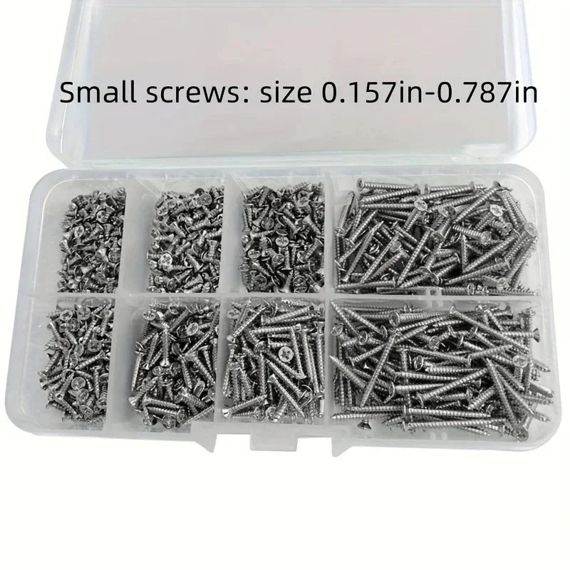 Box of 560 Self-Tapping Wood Screw Set - Includes 8 Different Sizes of M2 Phillips Flat Metal Screw Classification Kit