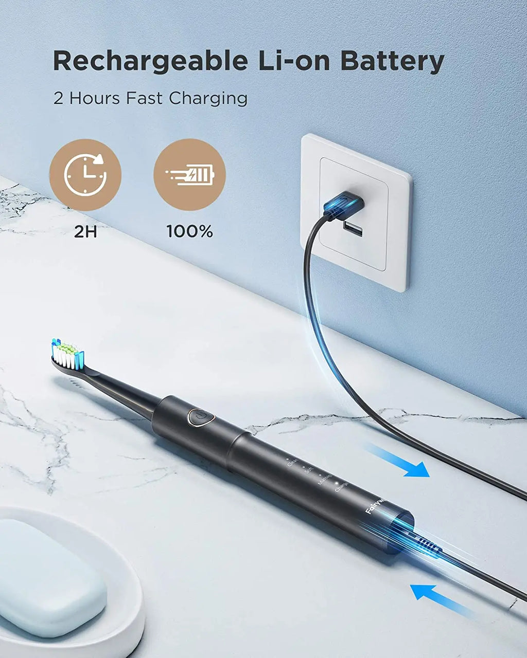 Fairywill Sonic Electric Toothbrush E11 Waterproof USB Charge Rechargeable Electric Toothbrush 8 Brush Replacement Heads Adult