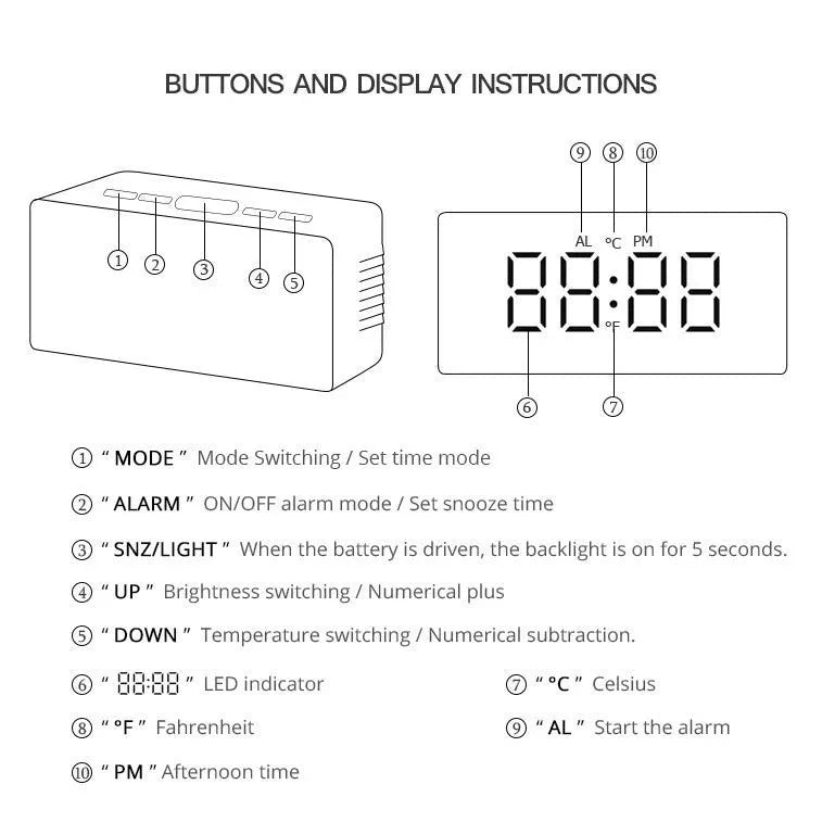 1Pc White Digital Clock LED Mirror Table Clock Snooze Display Time Night Light Desktop USB Alarm Clock Home Decor Desk Clock