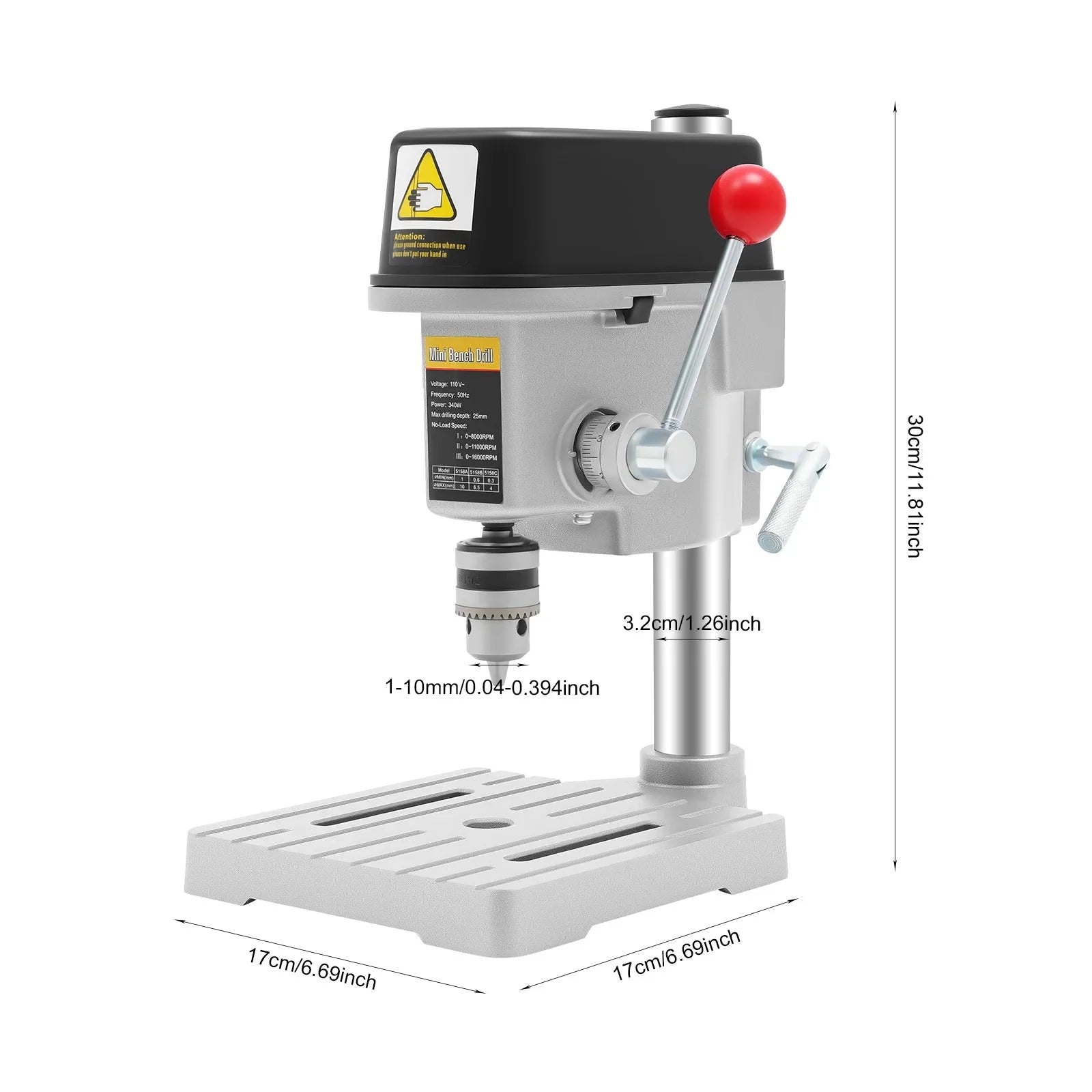 340W Portable Benchtop Drill Press, High-precision 3 Speed Adjustable Mini Portable Electric Bench Drill Stand for Iron Wood