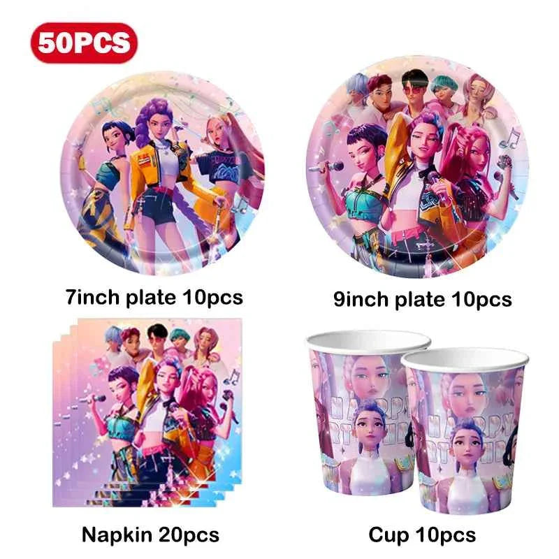 K-Pop Demon Hunters Birthday Decorations Girls Birthday Party Tableware Balloons Set Cup Plates Girls Favor Kpop Warriors Supply