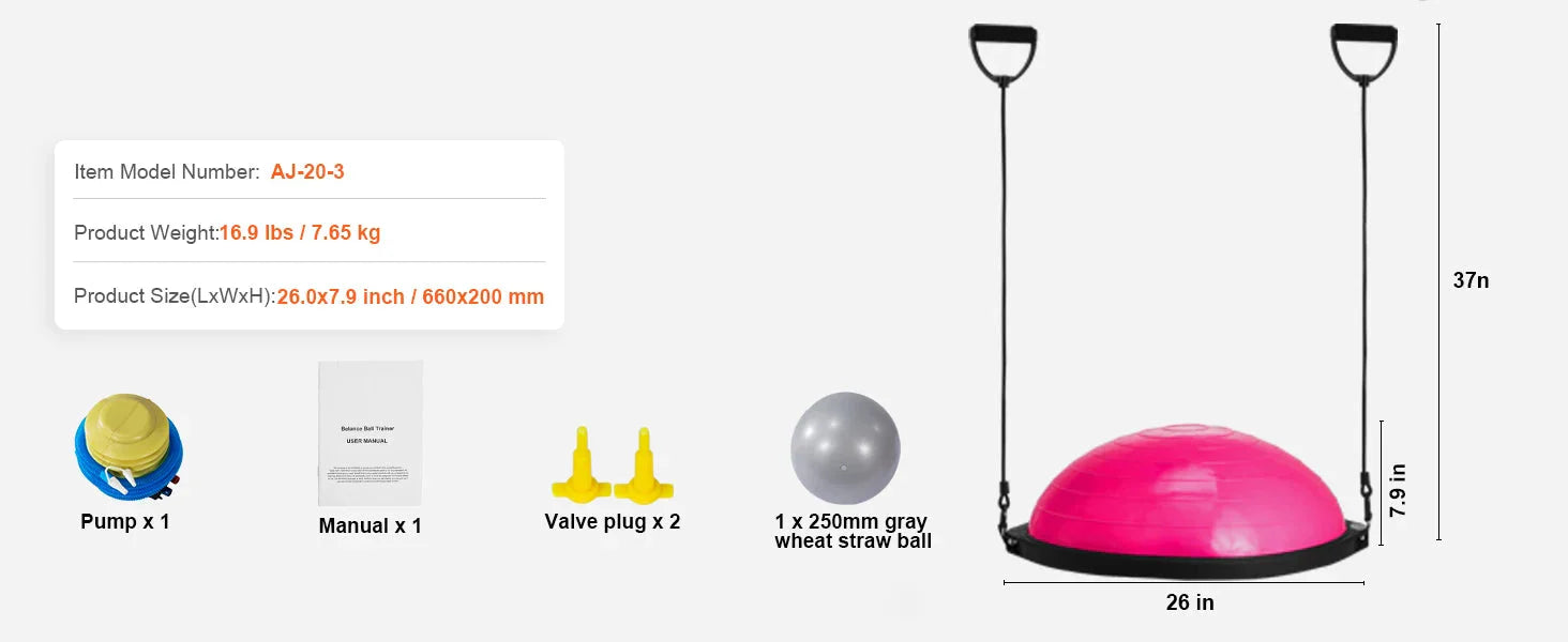 SucceBuy 23/26 inch Half Exercise Ball Trainer Balance Ball Trainer 660lbs Capacity Stability Ball Yoga Ball w/ Resistance Bands