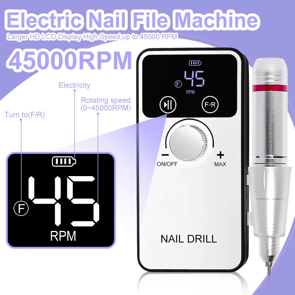 45000RPM Professional Nail Drill Machine Rechargeable Low Noise Electric Nail Drill Sander File for Manicure Gel  Polish Tool