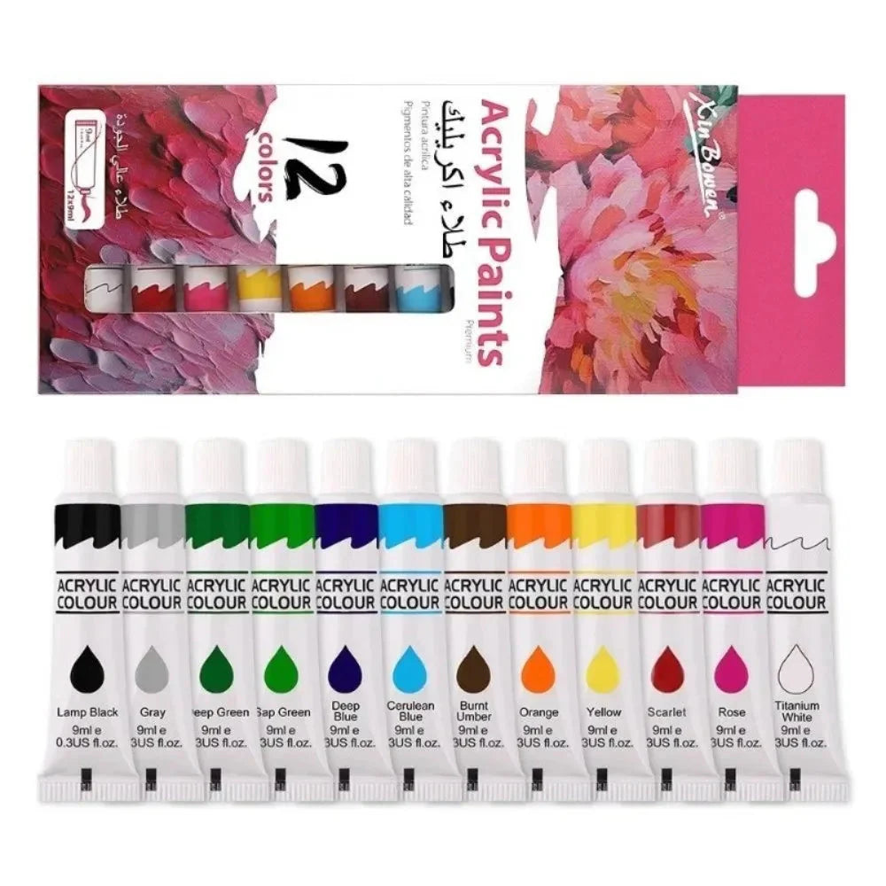 12 Color Acrylic Paint Set 9ml Tubes Waterproof Art Supplies for Beginner Artists DIY Painting on Canvas Wall Art Stationery