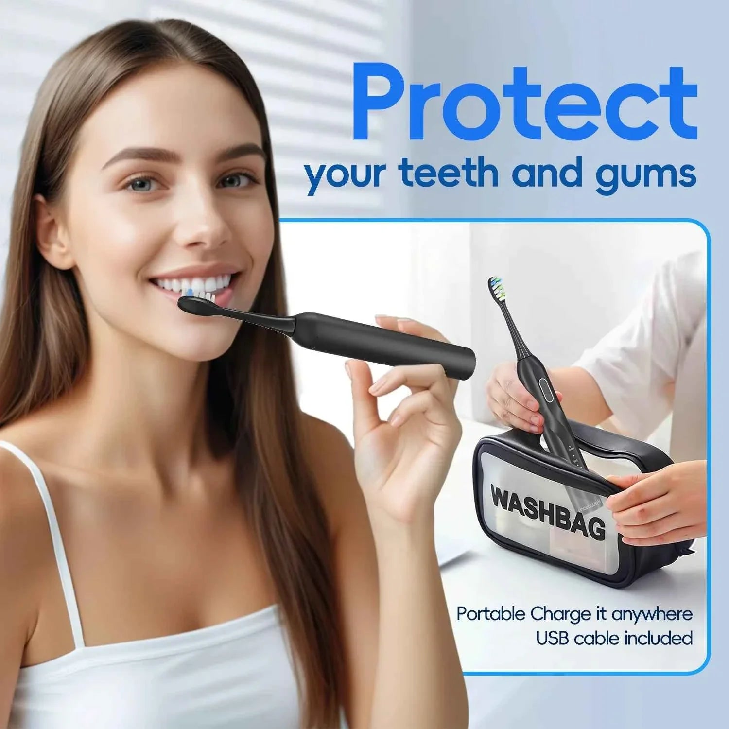 IPX7 Waterproof Sonicare Electric Toothbrush, 4-Hour Fast Charge with Intelligent Time Reminder, 4 Modes, 8 Brush Heads, Travel