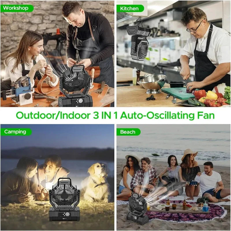 Camping Fan with LED Lantern, 20000mAh Auto-Oscillating Battery Operated Desk Fan with Remote&Hook, 8” Portable Fan