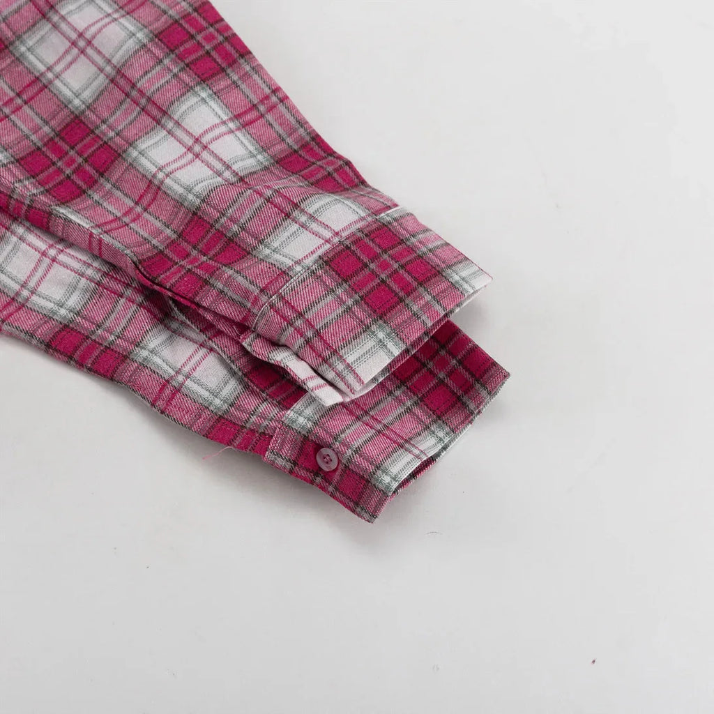 Pink Plaid Shirt for Women in Europe and America New Versatile Loose Shirt for Women Removable Long-sleeved Lapel Top
