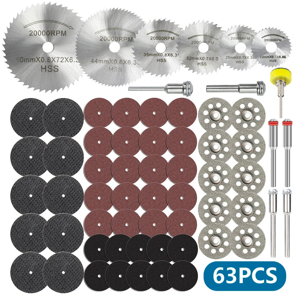 XCAN 63pcs Cutting Wheel Set Mini HSS Saw Blade,Diamond Saw Blade,Metal Cut off Disc  Drill 1/8" Mandrel for Dremel Rotary Tool
