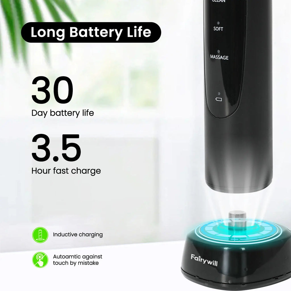 Fairywill Electric Toothbrush T2233Powerful Rotation Cleaning 4 Replacement Heads Rechargeable Sonic Toothbrush for Adults