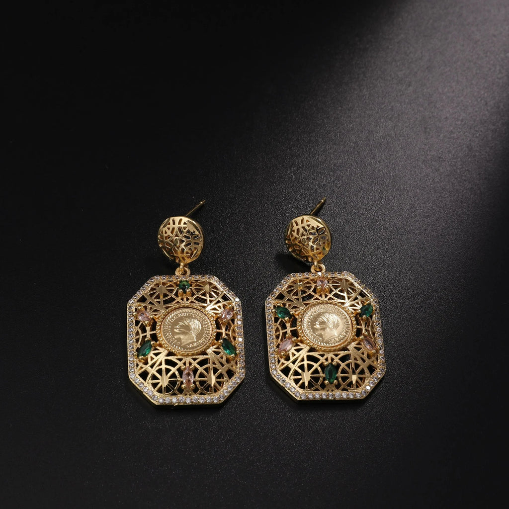 Women's Jewelry Set Dubai Nigerian Kuwaiti Bridal 24k Gold Plated Spinel Zirconia Human Head Ancient Coin Earrings Necklace Rin
