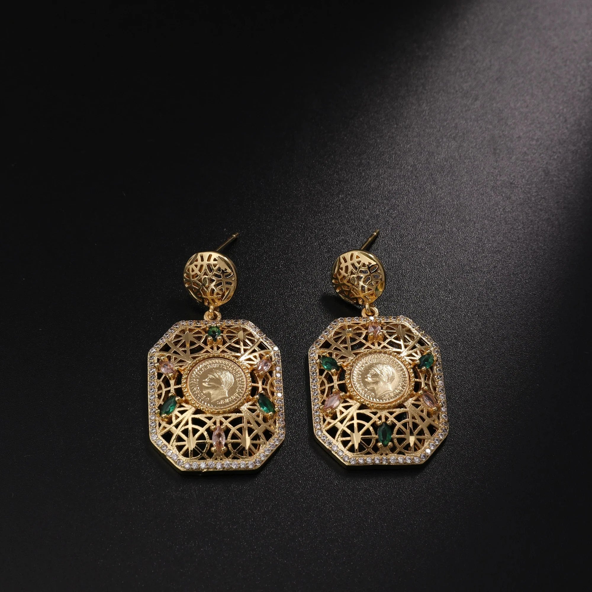 Women's Jewelry Set Dubai Nigerian Kuwaiti Bridal 24k Gold Plated Spinel Zirconia Human Head Ancient Coin Earrings Necklace Rin
