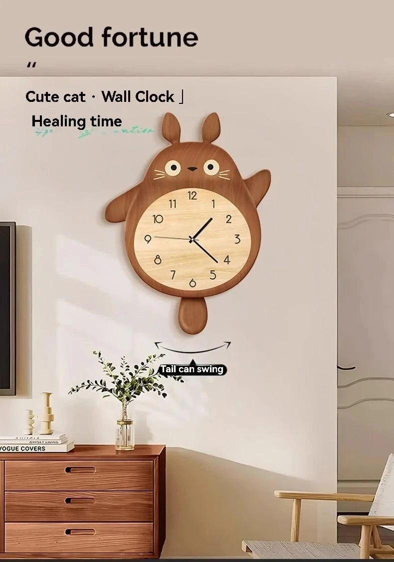 Cartoon Cat Design Wall Clock Wooden Sway Hanging Clock Decorative Painting For Restaurant Home Decor Gift