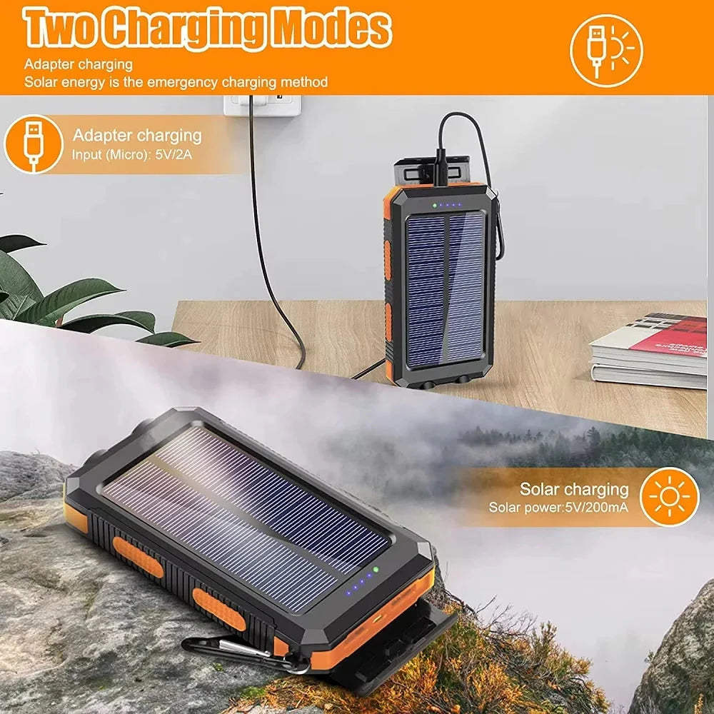 Solar Power Bank 10000mAh Portable Charging Poverbank External Battery Charger Strong Light LDE Light for All Smartphones