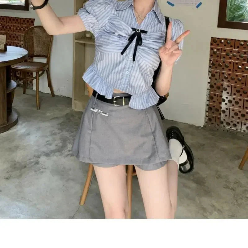 Bow-rinked Striped Shirt for Women Summer French Sweet and Spicy Puff Sleeve Shirt Short Short Sleeve Top