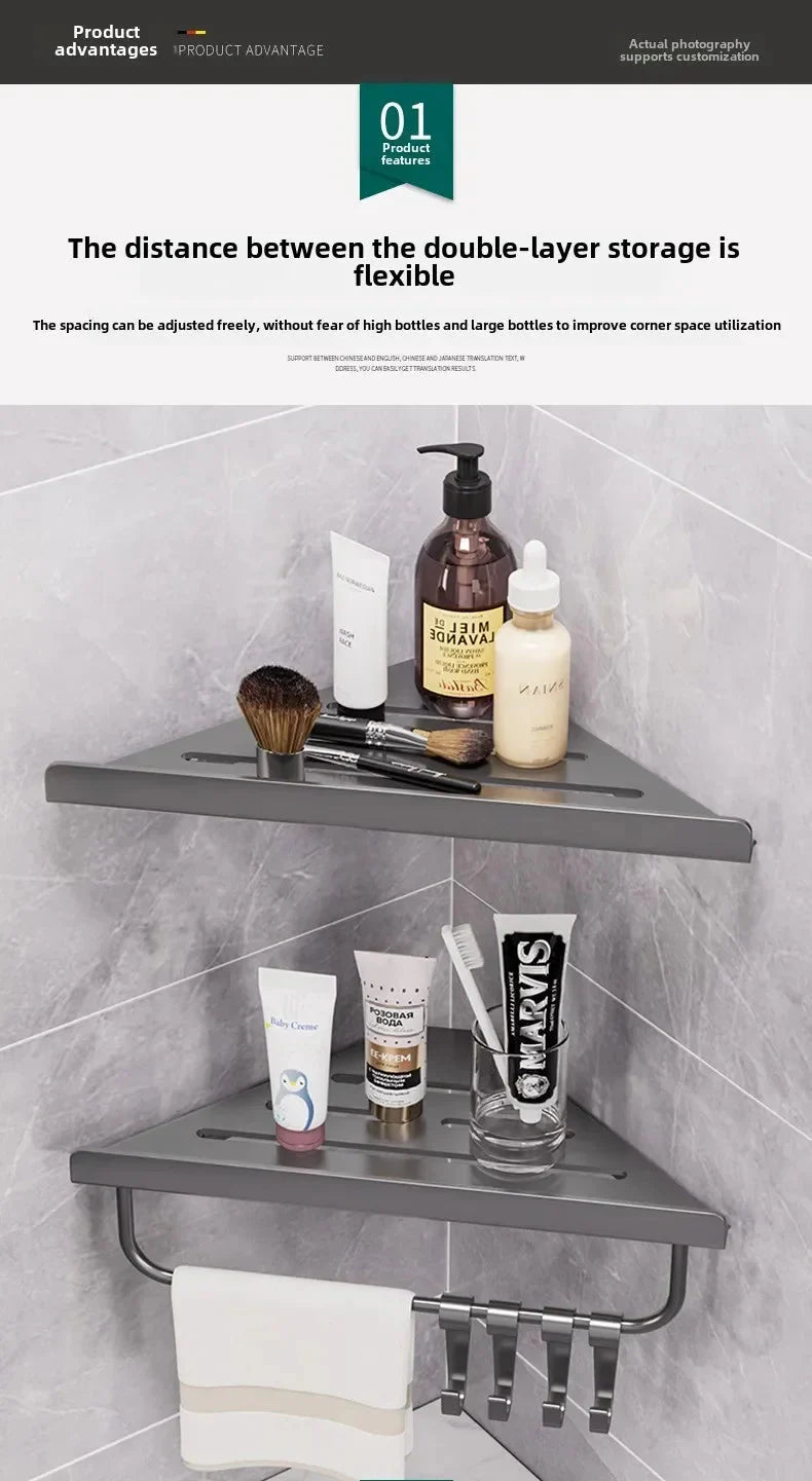 Bathroom Triangle Drain Shelf No Drilling Wall Mounted Cosmetic and Toiletries Hollow Carbon Steel Shelf with Hooks