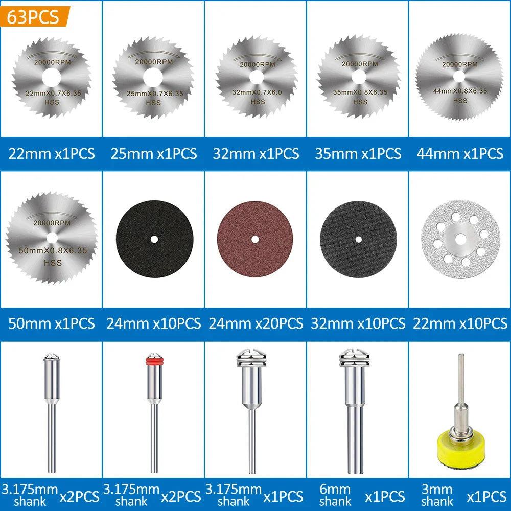 XCAN 63pcs Cutting Wheel Set Mini HSS Saw Blade,Diamond Saw Blade,Metal Cut off Disc  Drill 1/8" Mandrel for Dremel Rotary Tool