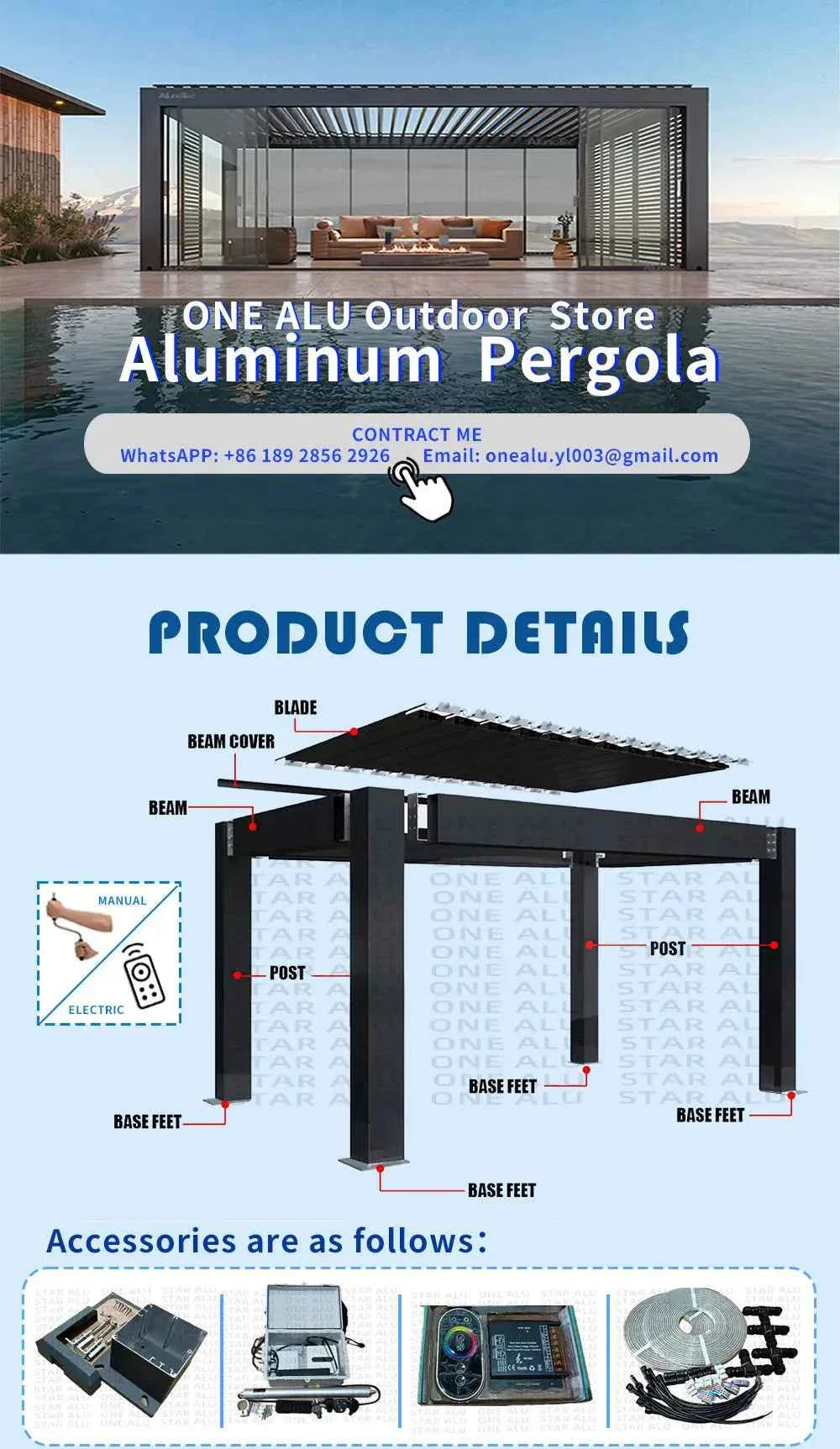 Bioclimatic Aluminum  Pergola 3x4m/10x13ft Manual flip louvered roof with  roller blinds  gazebo canopy carport garden