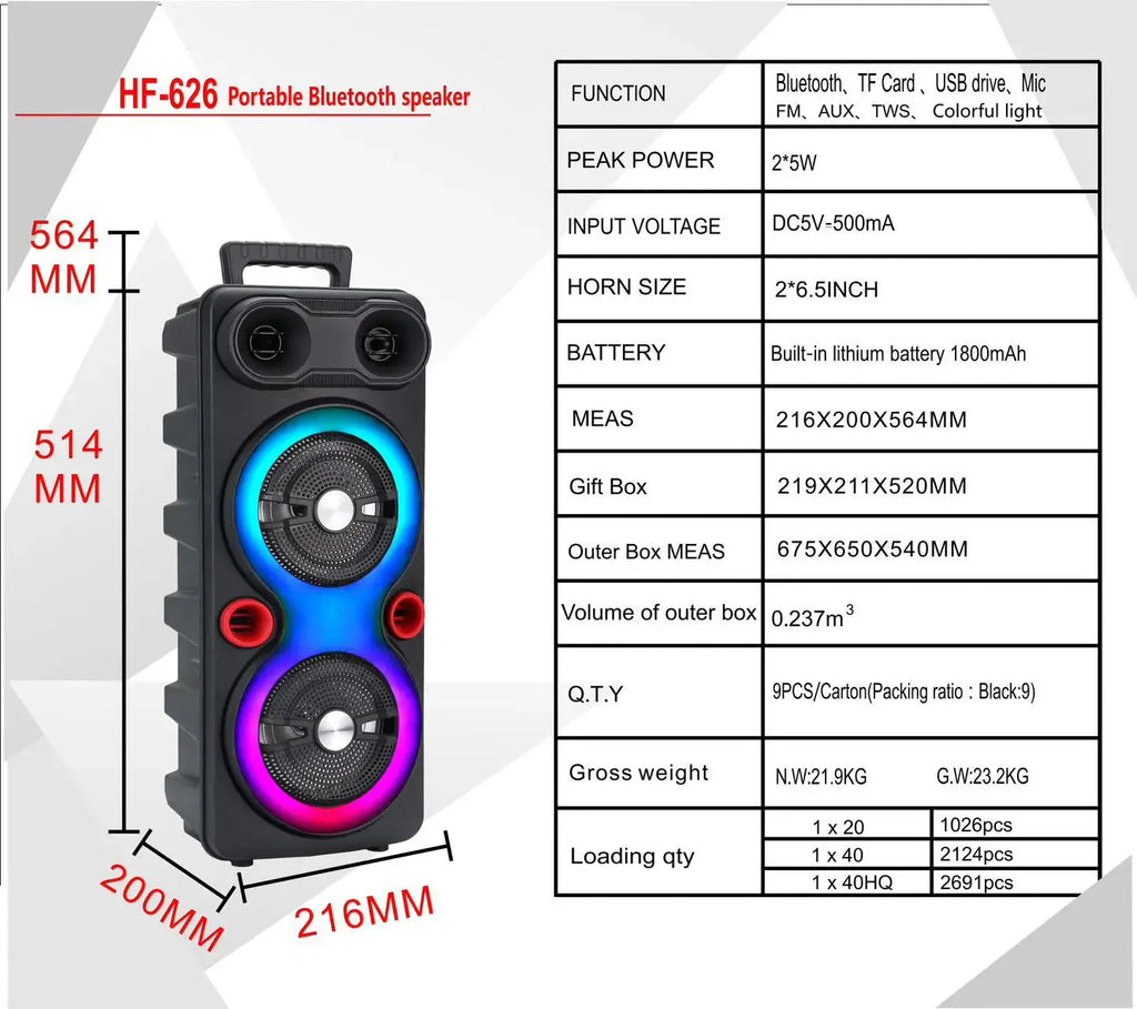 High Power Portable Karaoke Partybox Wireless Bluetooth Dual Speakers Outdooor Heavy Bass Subwoofer 6.5-inch Soundbar