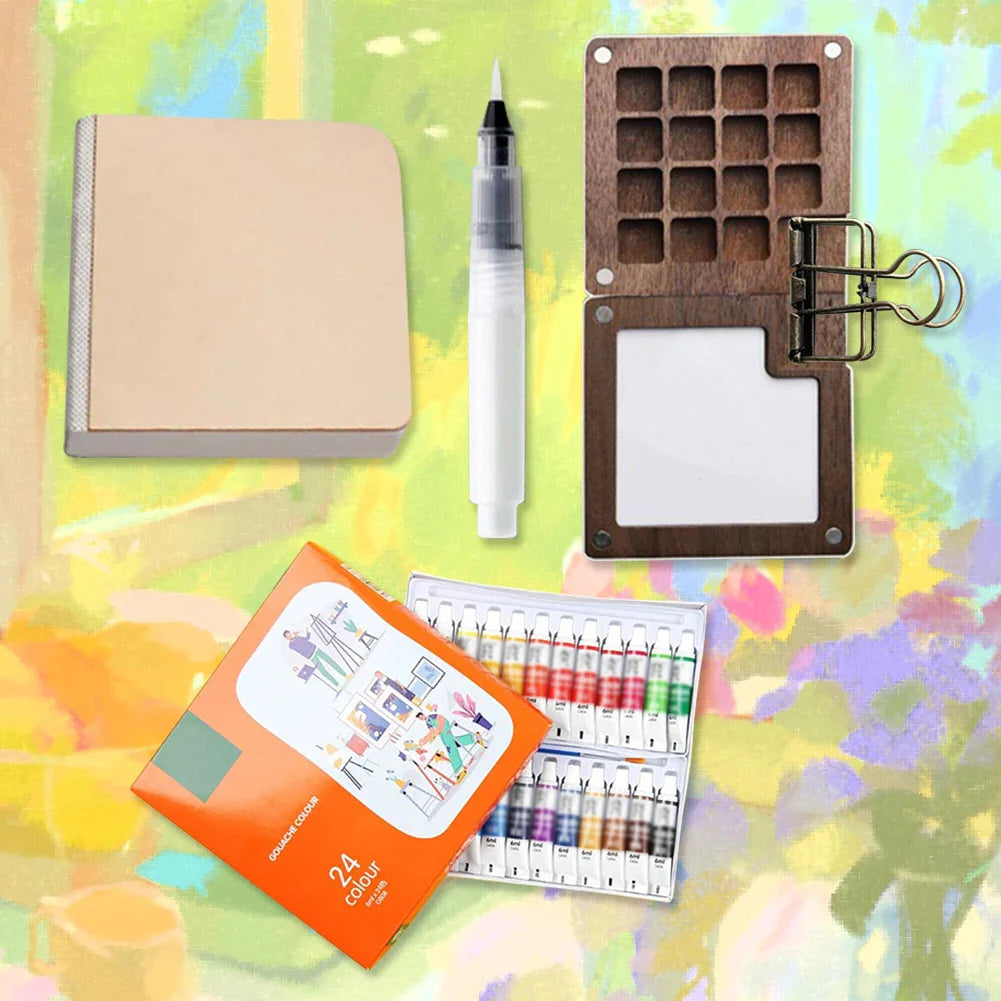 8/15 Colors Portable Travel Gouache Palette Set Mini Walnut Paint Box Artist Gouache Paint Palette Sketchbook Art Supplies